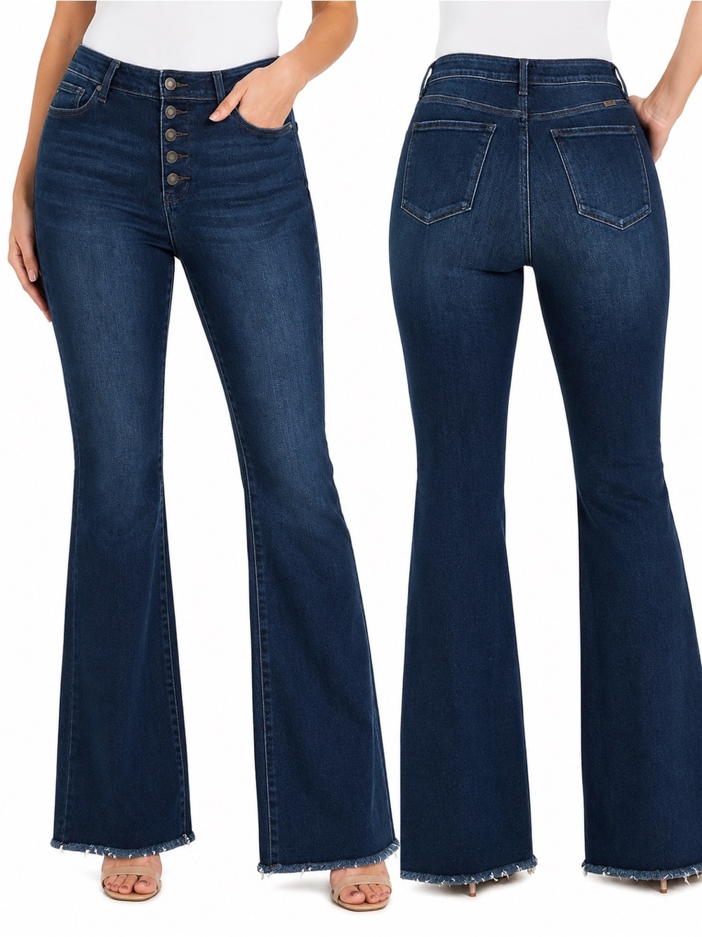 Kancan 16W Dark Wash High Rise Button Fly Flare Jeans Raw Hem Stretch Like New